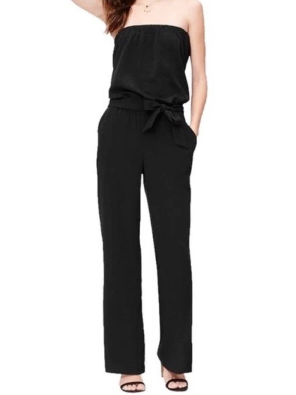 LOFT Women’s Black Strapless Solid Jumpsuit One-Piece Sleeveless Sz M wide leg